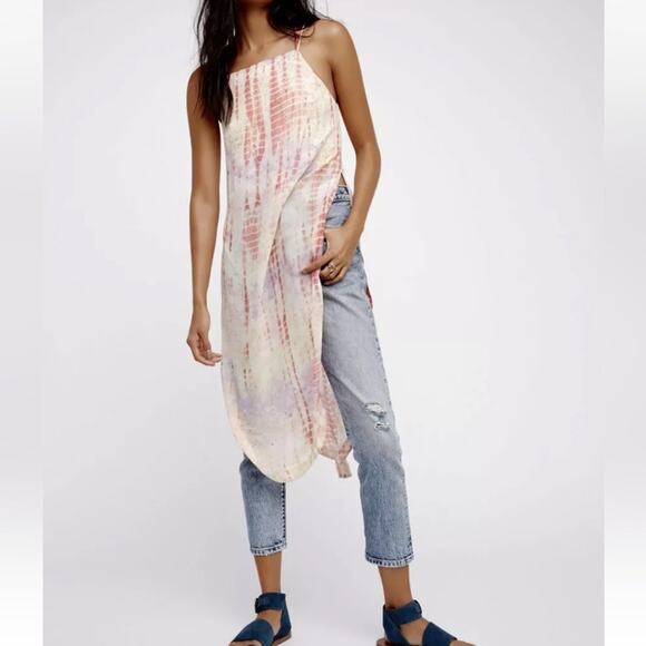 Free People Remember When Split Side Tie Dye Chiffon Ivory Long Top Dress Medium - Picture 1 of 10